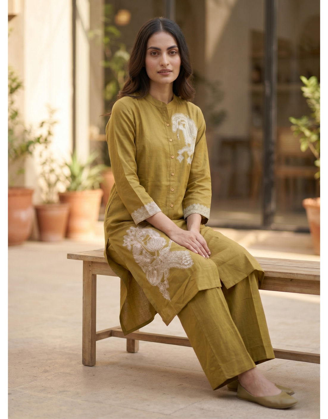 Revanta Olive Green Cotton Co-ord Set – Digital Print Button-Down Kurta with Palazzo Pants