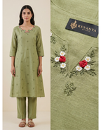 Revanta Green Mul Chanderi Co-ord Set – Embroidered A-Line Kurta with Pants