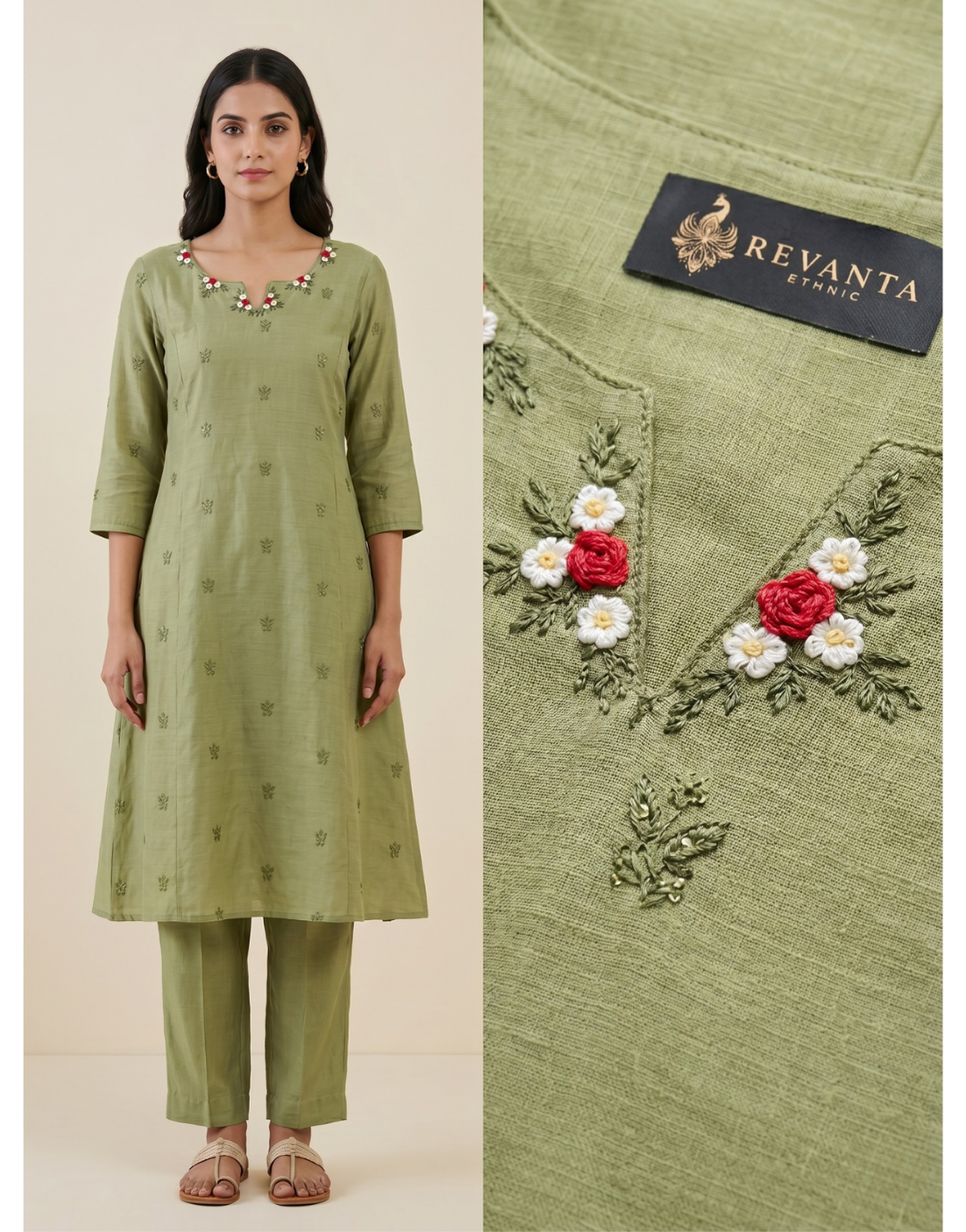 Revanta Green Mul Chanderi Co-ord Set – Embroidered A-Line Kurta with Pants