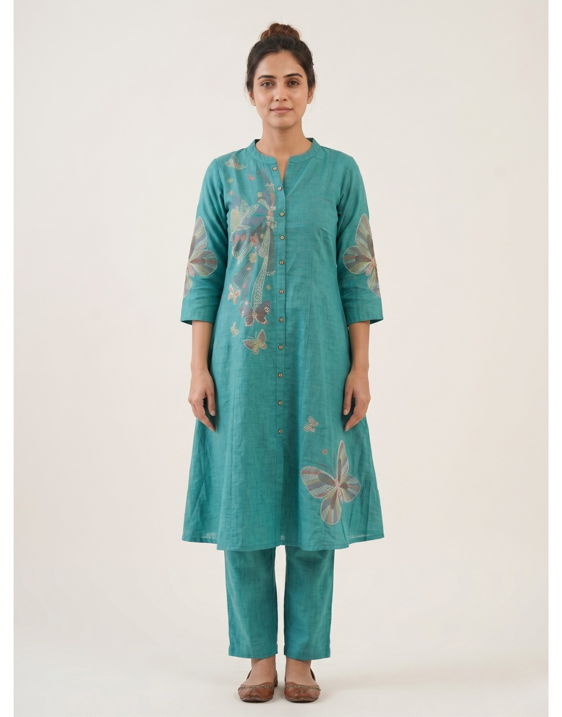 Revanta Teal Cotton A-Line Co-ord Set – Butterfly Digital Print Kurta with Pants