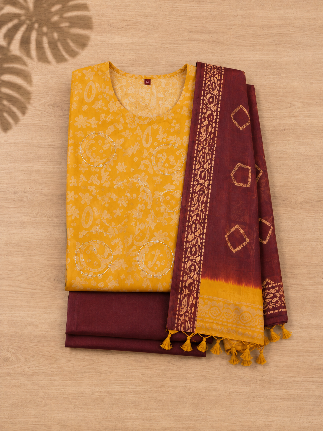 Revanta Mango Yellow Printed 3-Piece Suit – Contrasting Maroon Pants & Patterned Dupatta