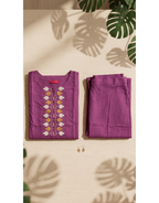 Anvita Plum Purple Cotton Slub Kurta – Embroidered Leaf Yoke Coord Set