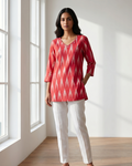 Coral Red Cotton Short Kurti – Ikat Digital Print & V-Neck