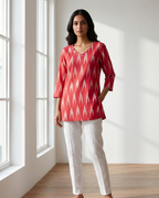 Coral Red Cotton Short Kurti – Ikat Digital Print & V-Neck