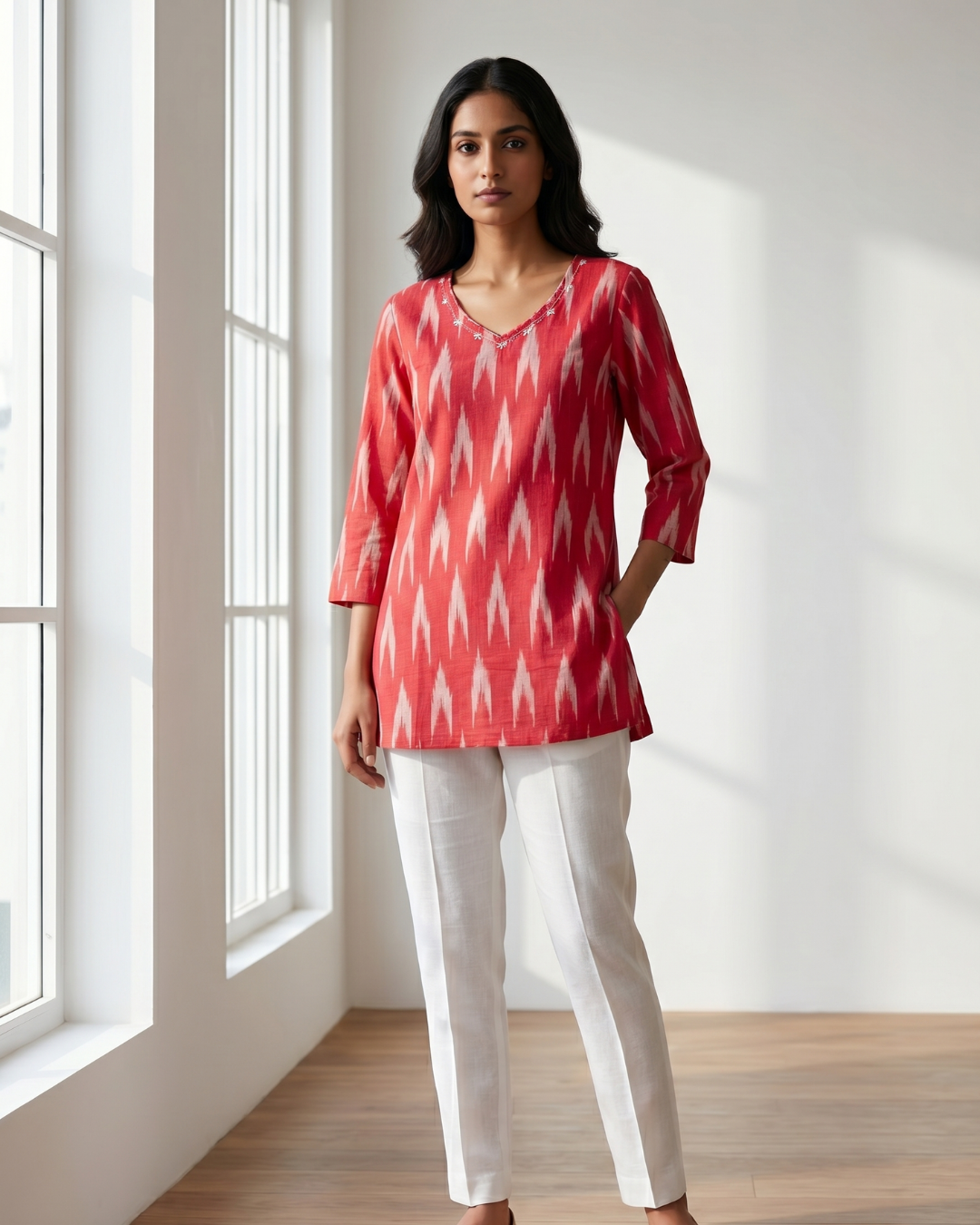 Coral Red Cotton Short Kurti – Ikat Digital Print & V-Neck