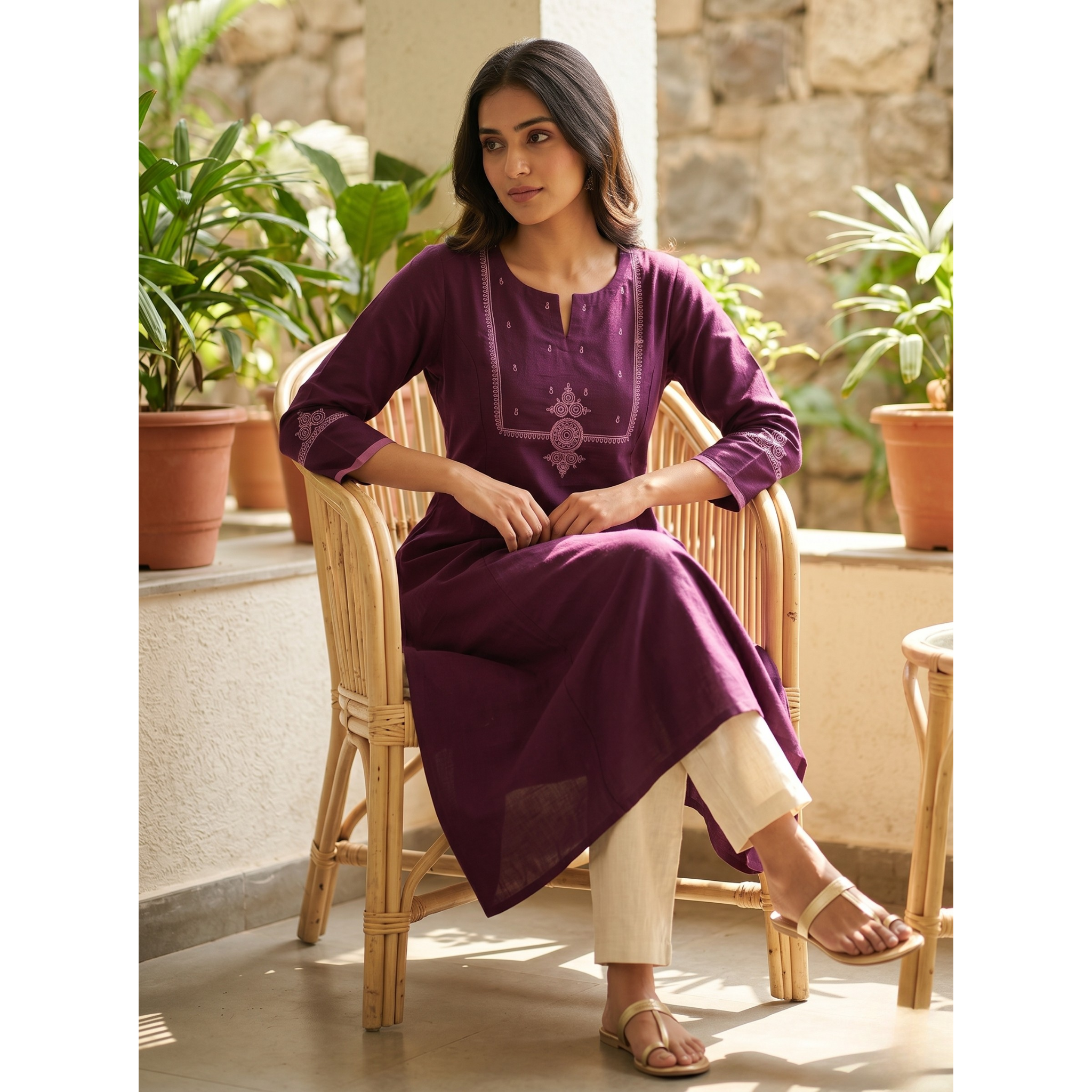Anvita Plum Purple Pure Cotton Straight Kurta – Mandalic Digital Print & V-Split Neck