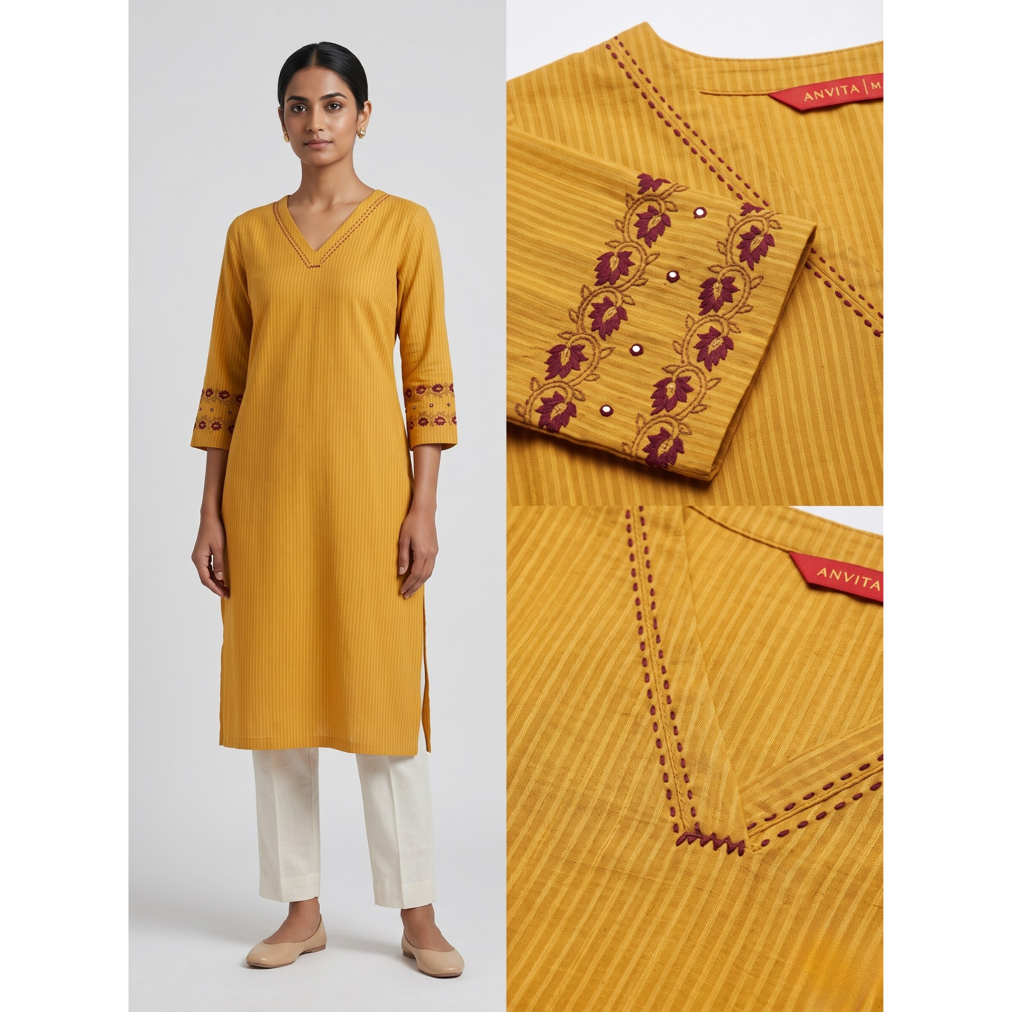 Anvita Golden Yellow Cotton Straight Kurta – Vertical Stripes & Floral Digital Print
