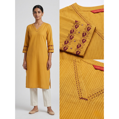 Anvita Golden Yellow Cotton Straight Kurta – Vertical Stripes & Floral Digital Print