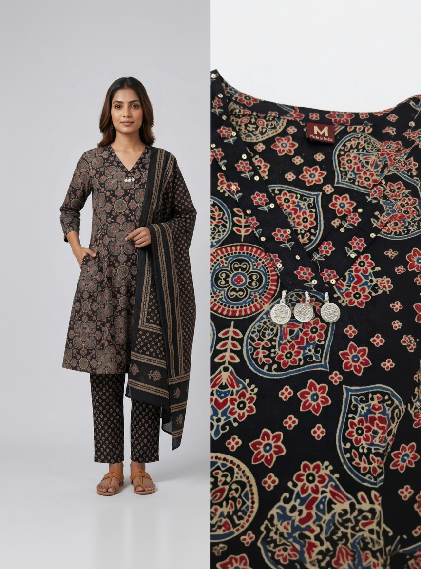 Charcoal Black Cotton Kurta Trousers Set with Dupatta – Allover Ajrakh Digital Print