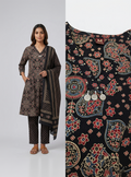 Charcoal Black Cotton Kurta Trousers Set with Dupatta – Allover Ajrakh Digital Print