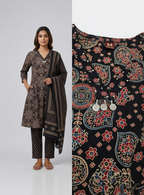 Charcoal Black Cotton Kurta Trousers Set with Dupatta – Allover Ajrakh Digital Print