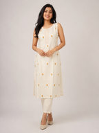 Revanta Cream Straight-Fit Kurta Co-Ord Set with Attached Sleeves, Pintucks and Floral Motifs