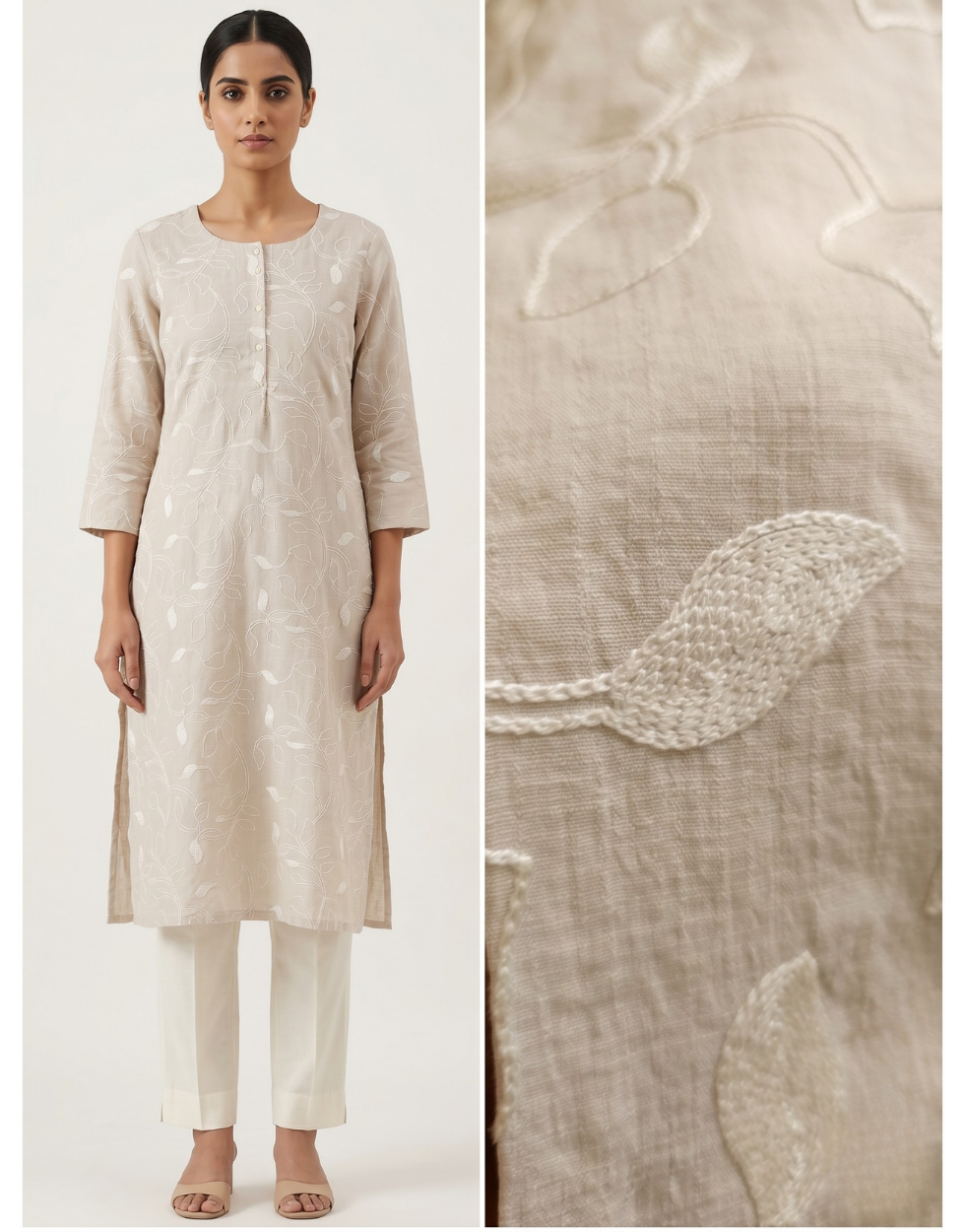 Revanta Off-White Cotton Slub Kurta – Subtle Thread-Work Vine Pattern – Contemporary Chic