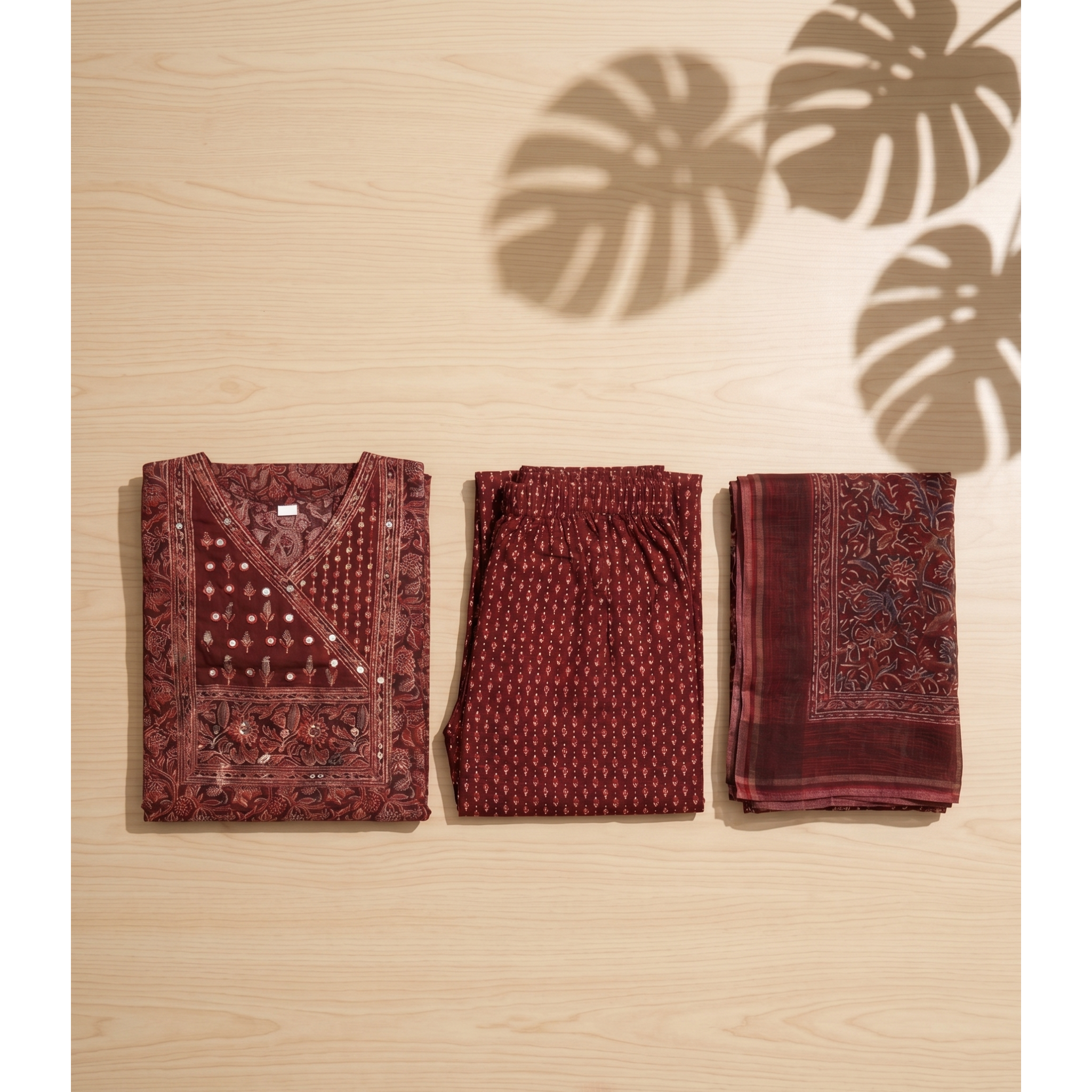 Wine Maroon Ajrakh Print Kurta Set – Mirror Work Angrakha Yoke – Elegant 3-Piece Festive Wear