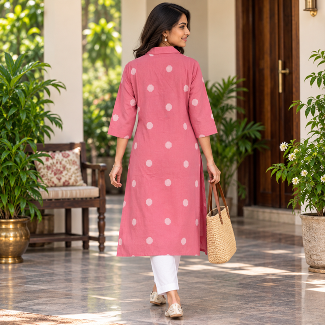 Anvita Pink Cotton Kurta with White Polka Print, Collar Neck & 3/4 Sleeves