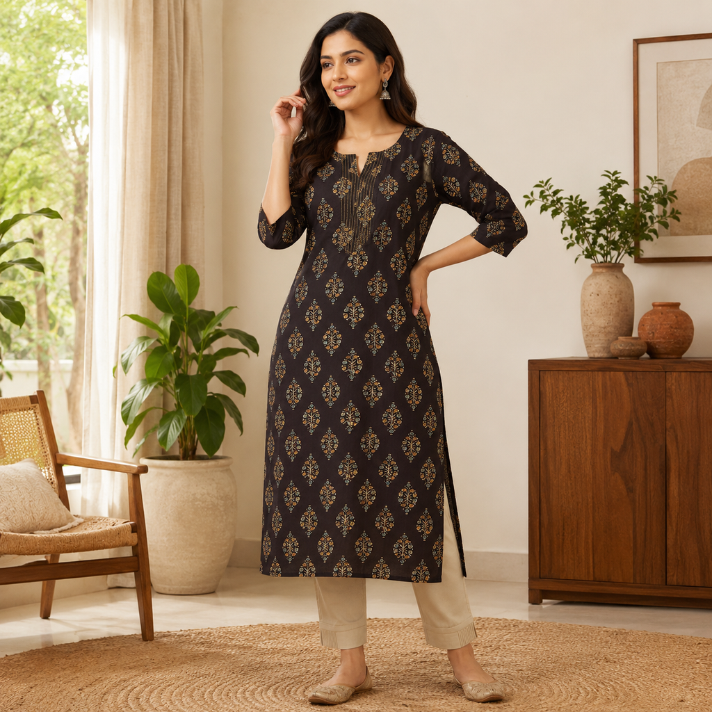 Revanta Chocolate Brown Printed Cotton Kurta with Pintuck Neck Detail