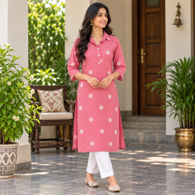 Anvita Pink Cotton Kurta with White Polka Print, Collar Neck & 3/4 Sleeves