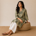 Revanta Light Olive Green Cotton Kurti -VNeck & traditional Motiffs