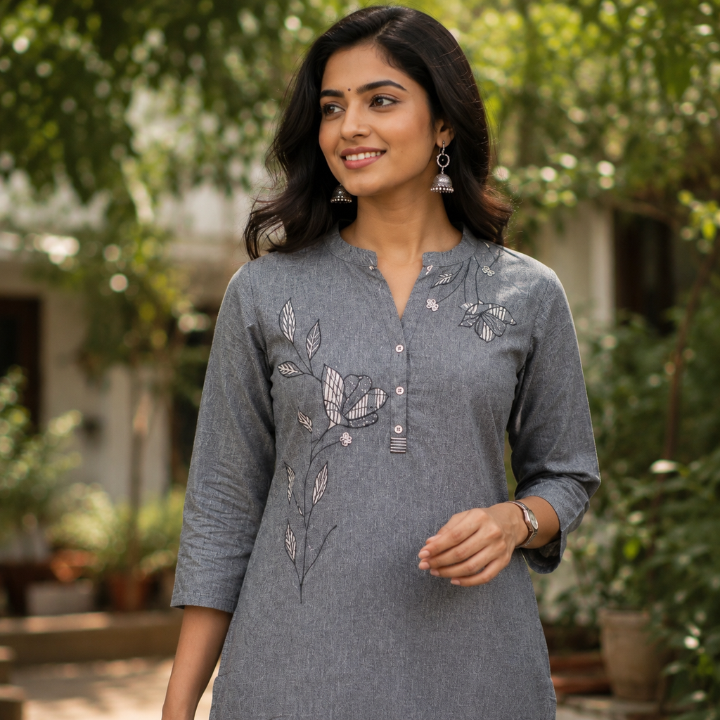Anvita Grey Cotton A-Line Kurta featuring Chinese Collar & Elegant Embroidery