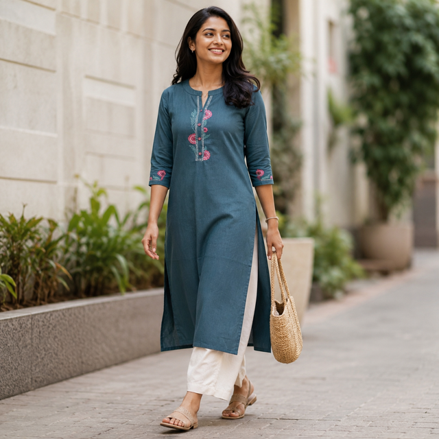 Anvita Greyish Blue Chinese Collar Straight Cotton Kurta with Embroidery on Yoke & Sleeves