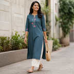 Anvita Greyish Blue Chinese Collar Straight Cotton Kurta with Embroidery on Yoke & Sleeves