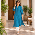 Anvita Teal Blue Striped Kurta with Embroidered Sleeves & Back Design