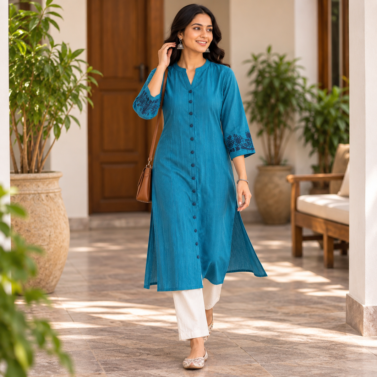 Anvita Teal Blue Striped Kurta with Embroidered Sleeves & Back Design