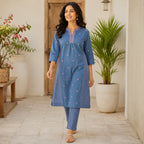 Anvita Blue & Pink Geometric Print Kurta Pant Set-Handloom Cotton