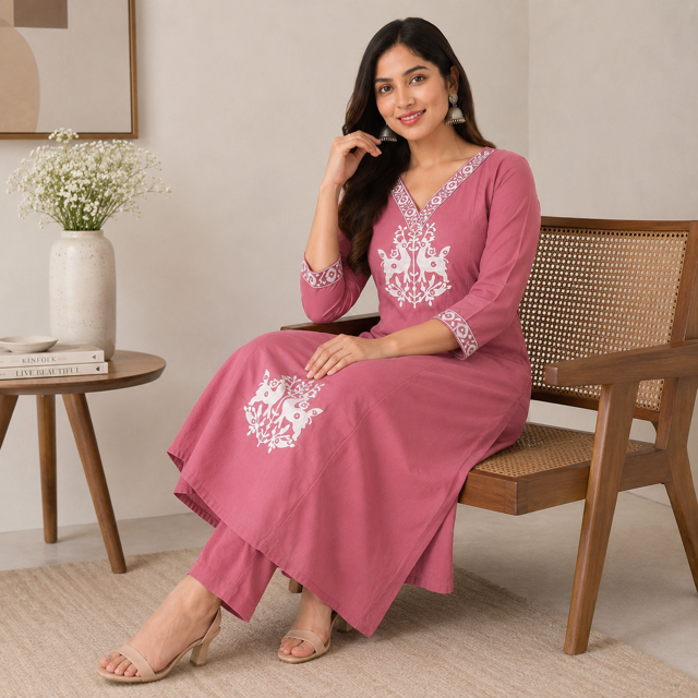 Revanta Dark Peach Vertican Kurta Palazzo Set Featuring V-Neck and Elegant Embroidery on the Neck, Body & Sleeves