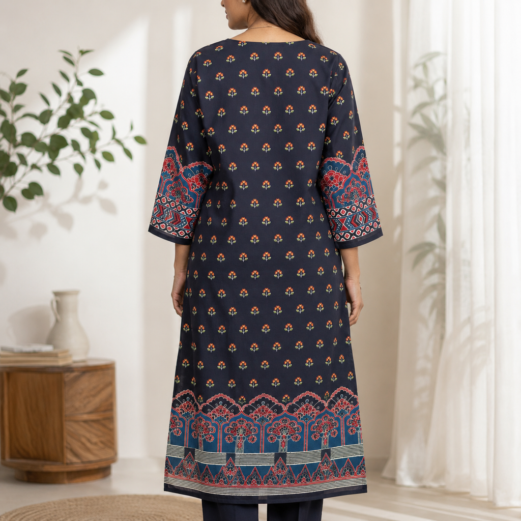 Revanta Women's Navy Blue Pakistani Style 3-Piece Cotton Suit Set with Printed Dupatta