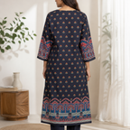 Revanta Women's Navy Blue Pakistani Style 3-Piece Cotton Suit Set with Printed Dupatta
