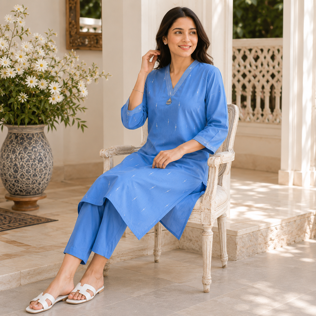 Anvita Sky Blue V Neck Cotton Kurta with Minimal Motifs & Pendant detail