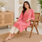 Anvita Collections Coral Pink Semi Raw Silk Embellished Yoke Kurta