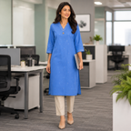 Anvita Sky Blue V Neck Cotton Kurta with Minimal Motifs & Pendant detail