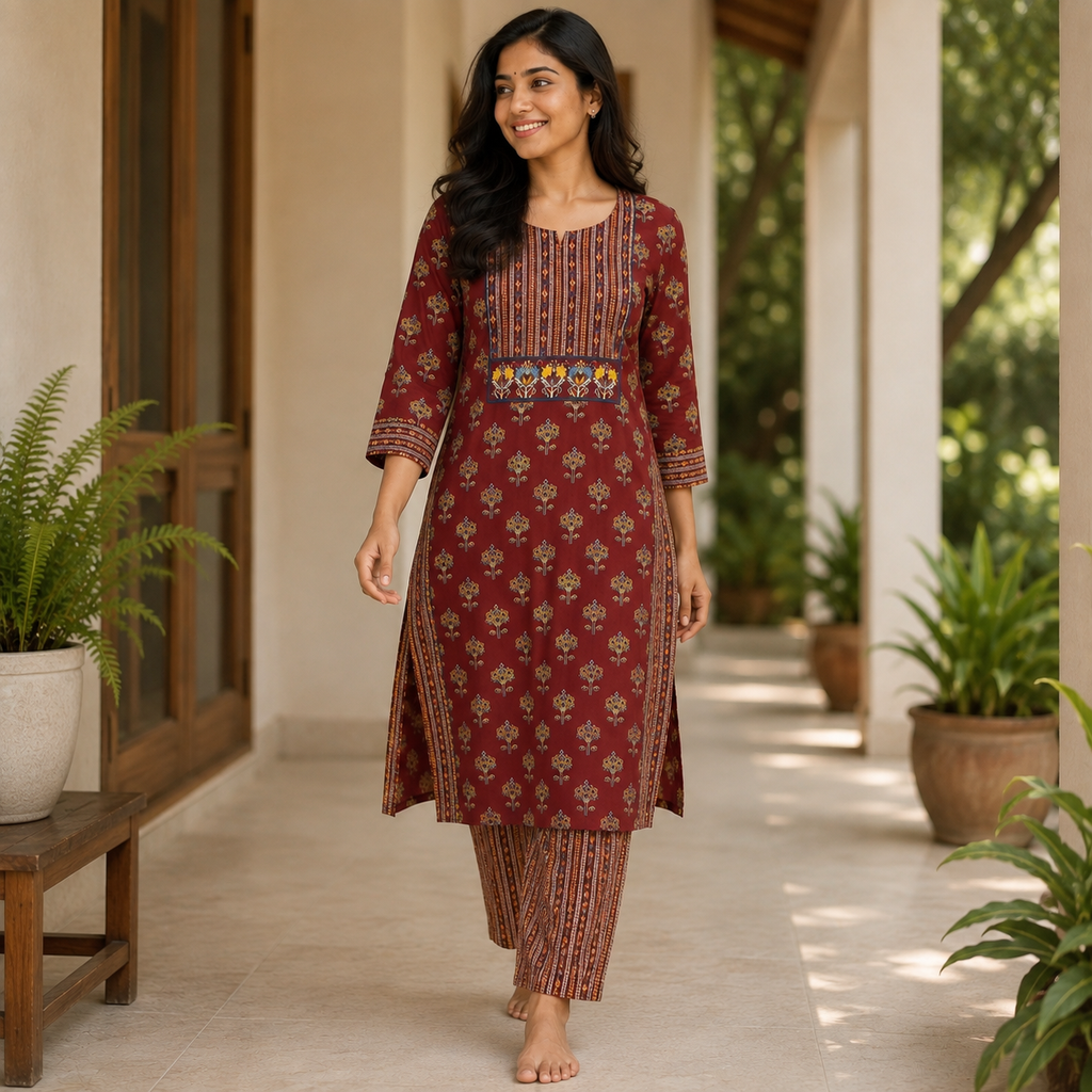 Revanta Maroon Printed Cotton Kurta & Pant Set with Embroidery and Glasswork on Yoke