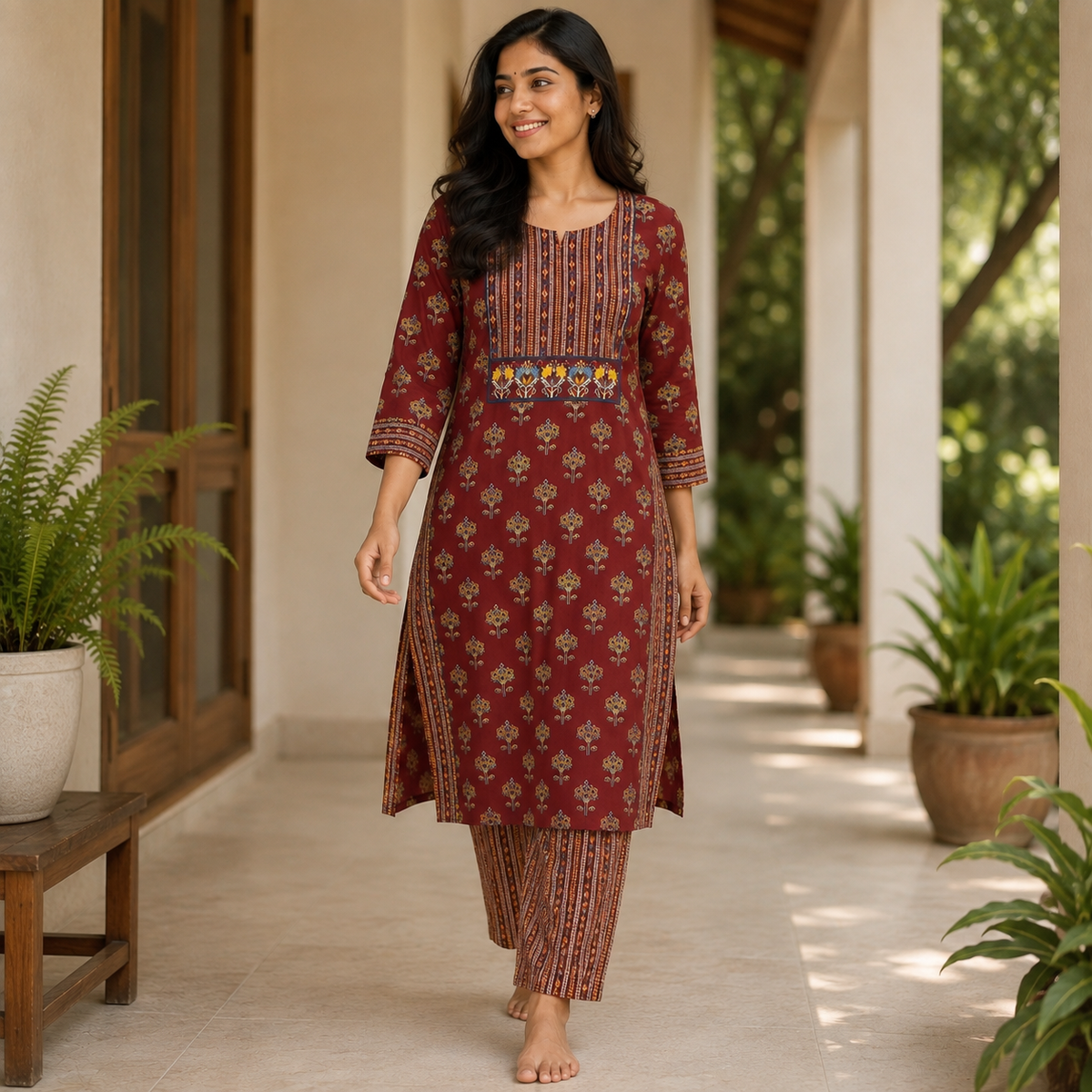 Revanta Maroon Printed Cotton Kurta & Pant Set with Embroidery and Glasswork on Yoke