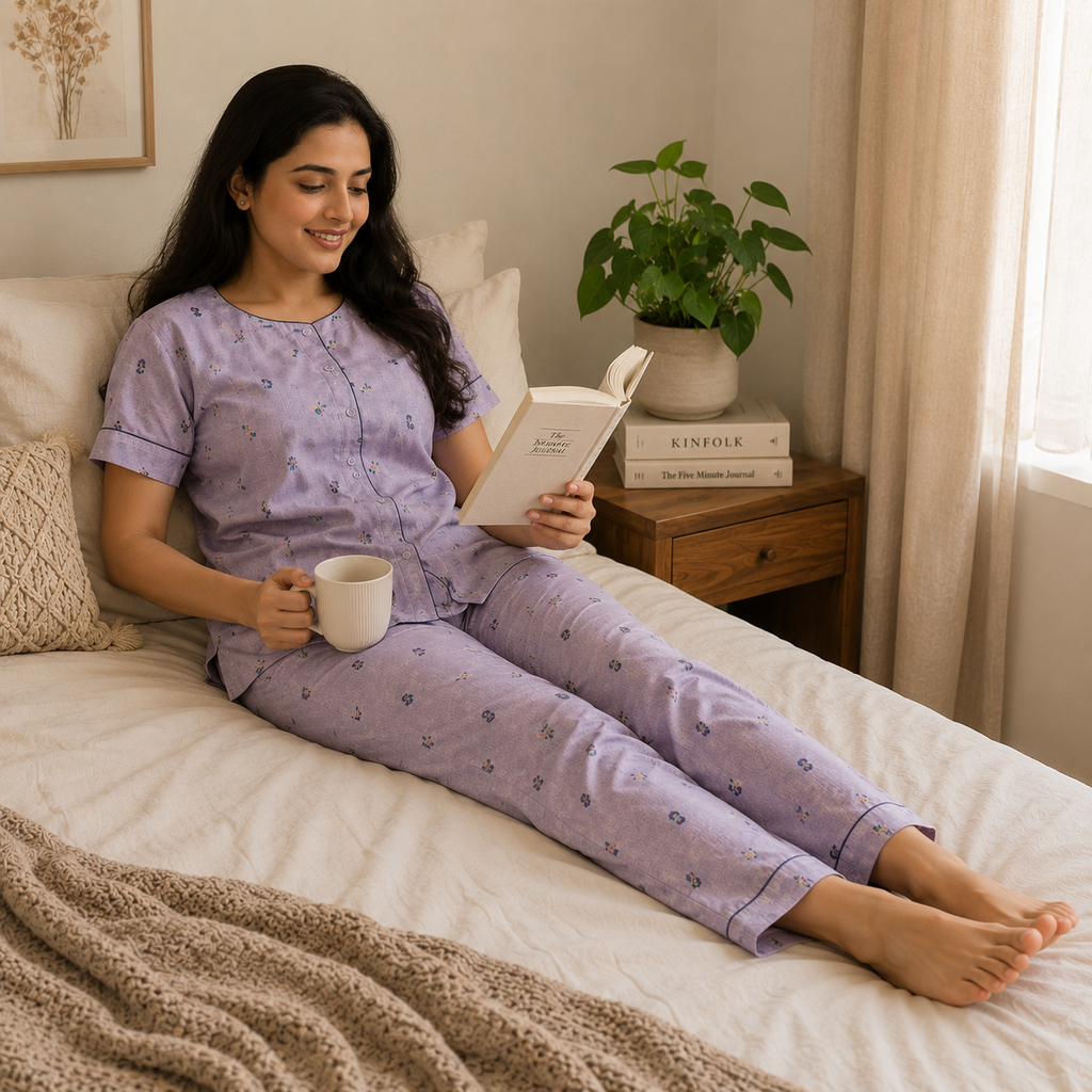Revanta Women’s Lavender Soft Printed Night Suit – Comfortable Lounge & Sleepwear Set