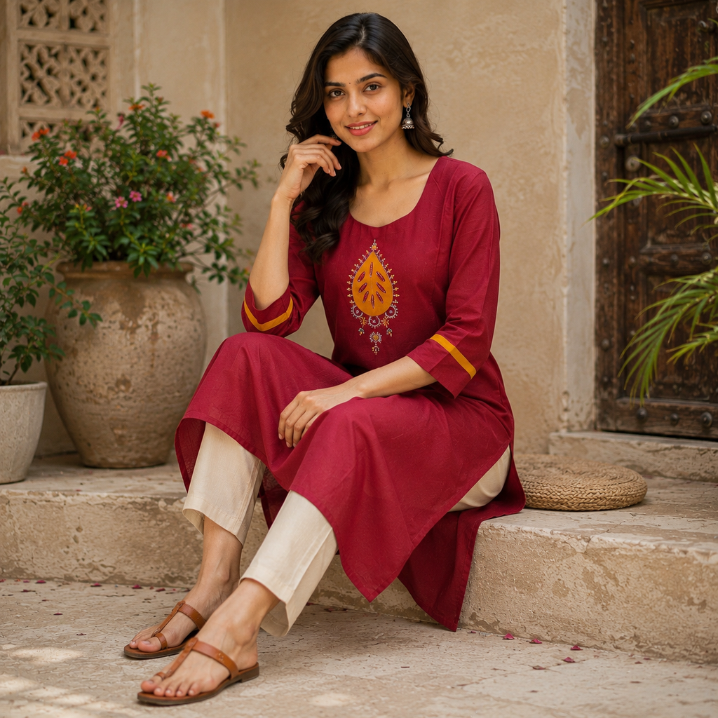 Revanta Maroon Cotton Printed Straight Kurta round neck