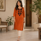 Revanta Rust Orange Embroidered Cotton Kurta