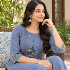 Anvita Handloom Cotton Kurta Pant Set | Blue Floral Embroidered Kurta with Glass Work