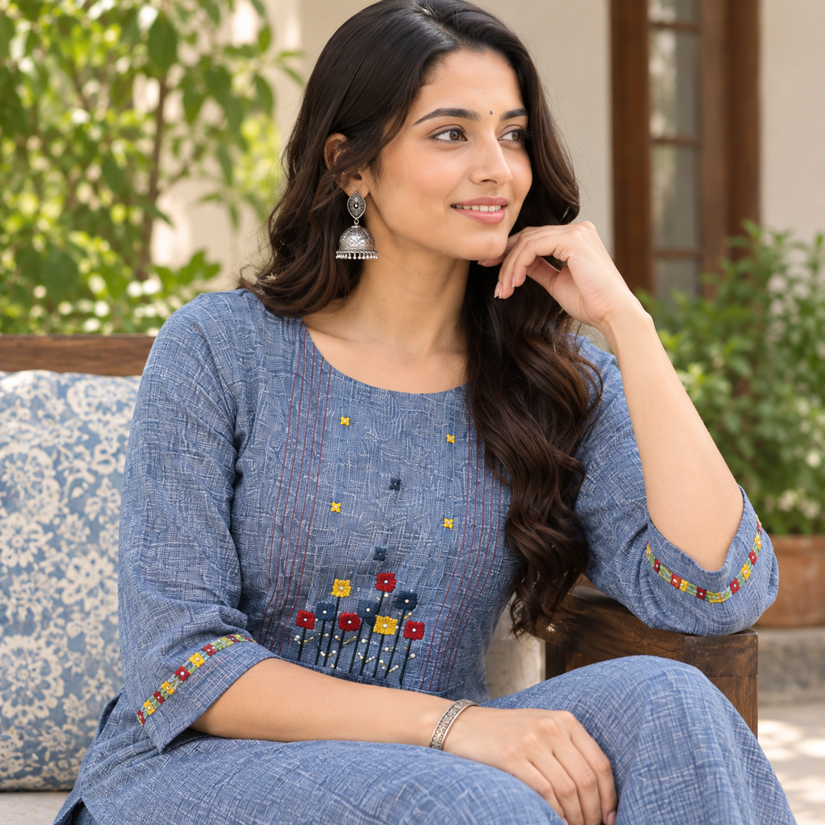 Anvita Handloom Cotton Kurta Pant Set | Blue Floral Embroidered Kurta with Glass Work