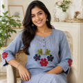 Anvita Blue Striped Kurta with Floral Appliqué Embroidery