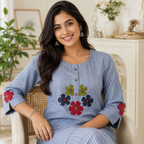 Anvita Blue Striped Kurta with Floral Appliqué Embroidery