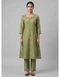 Revanta Green Mul Chanderi Co-ord Set – Embroidered A-Line Kurta with Pants