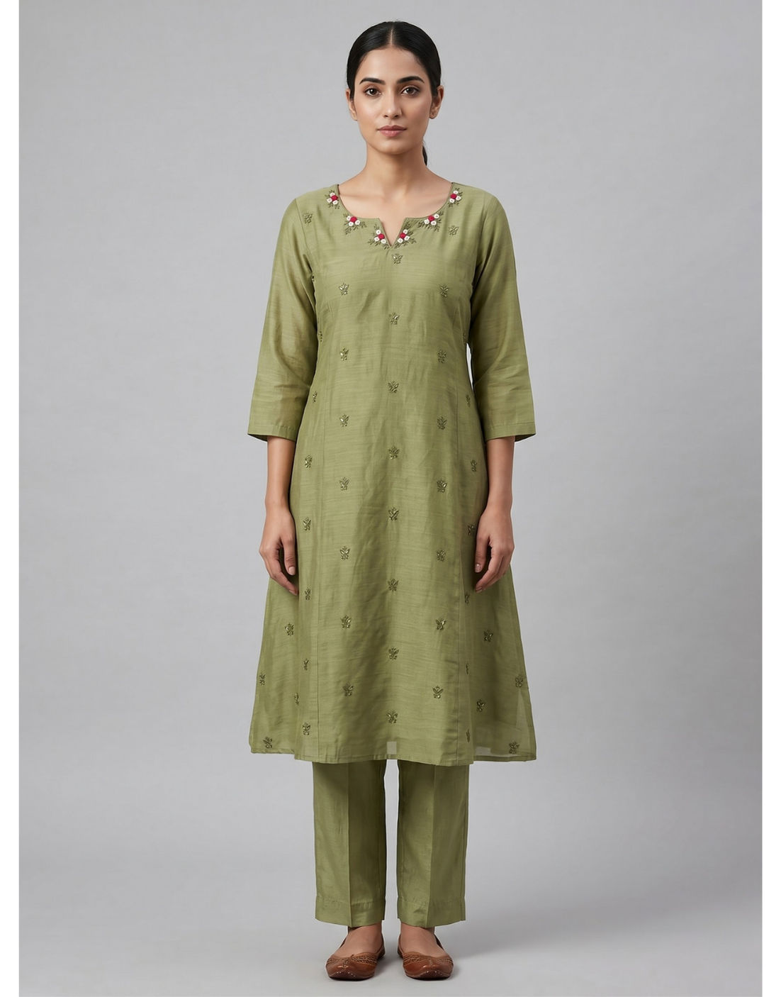 Revanta Green Mul Chanderi Co-ord Set – Embroidered A-Line Kurta with Pants