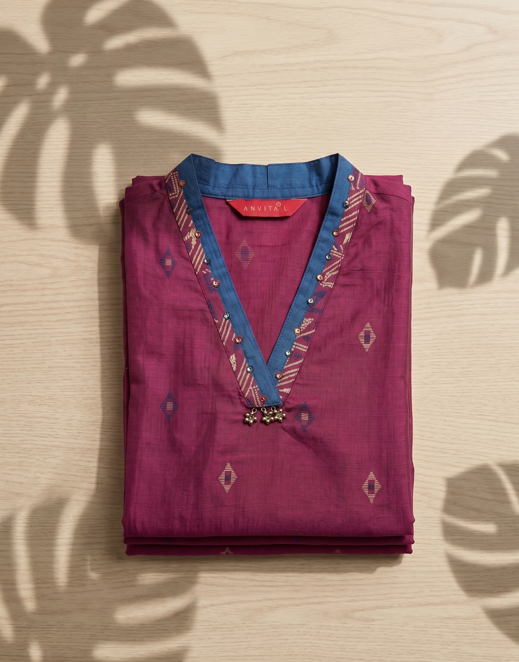 Anvita Deep Maroon Pure Cotton Kurta – Elegant Geometric Motif & V-Neckline