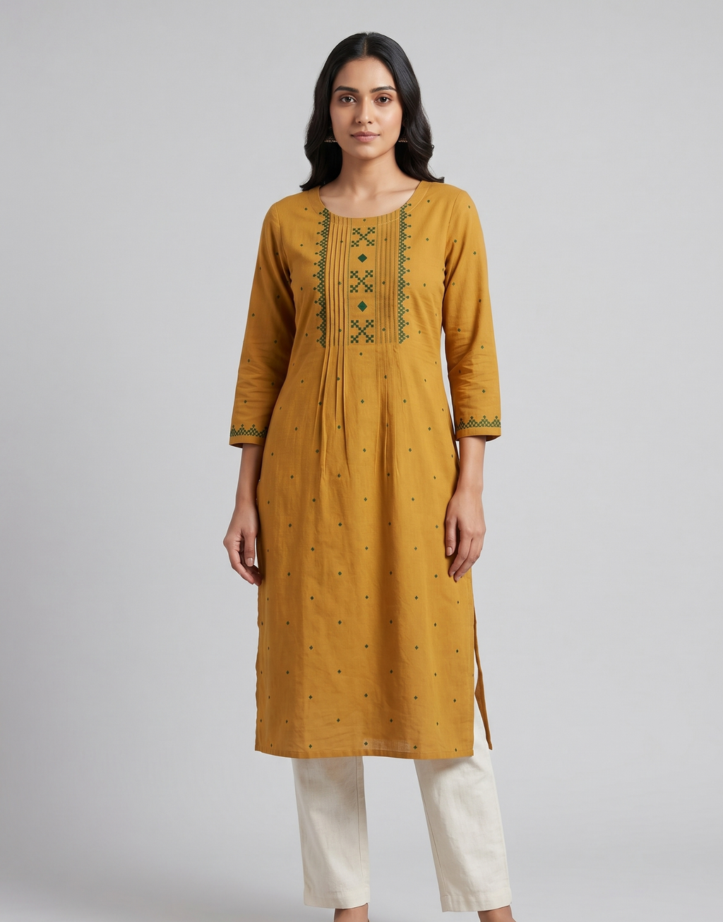Anvita Mustard Yellow Pure Cotton Kurta – Embroidered Yoke & Subtle Motif Detailing