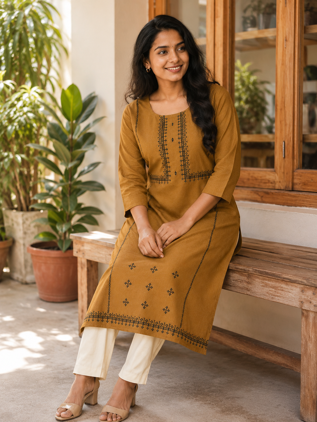 Revanta Mustard Gold Cotton Blend Kurta with Foil Print & Glass Work