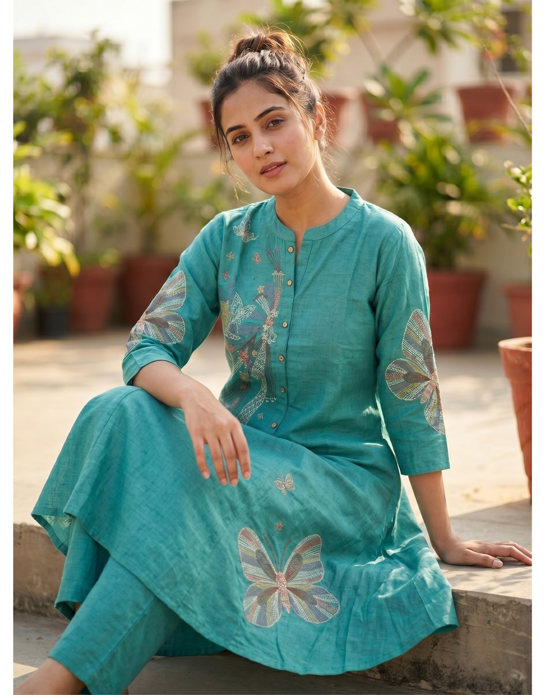 Revanta Teal Cotton A-Line Co-ord Set – Butterfly Digital Print Kurta with Pants