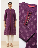 Anvita Purple Cotton Slub Kurta – Elegant Printed Yoke & Sleeve Detail – Chic Festive Wear